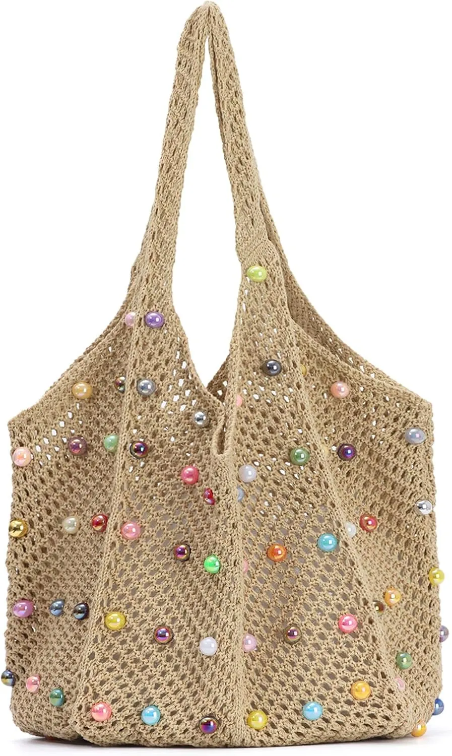Fecialy Boho Crochet Beach Tote Bag with Colored Beads Summer Knit Shoulder Bag Woven Casual Organizer Handbag