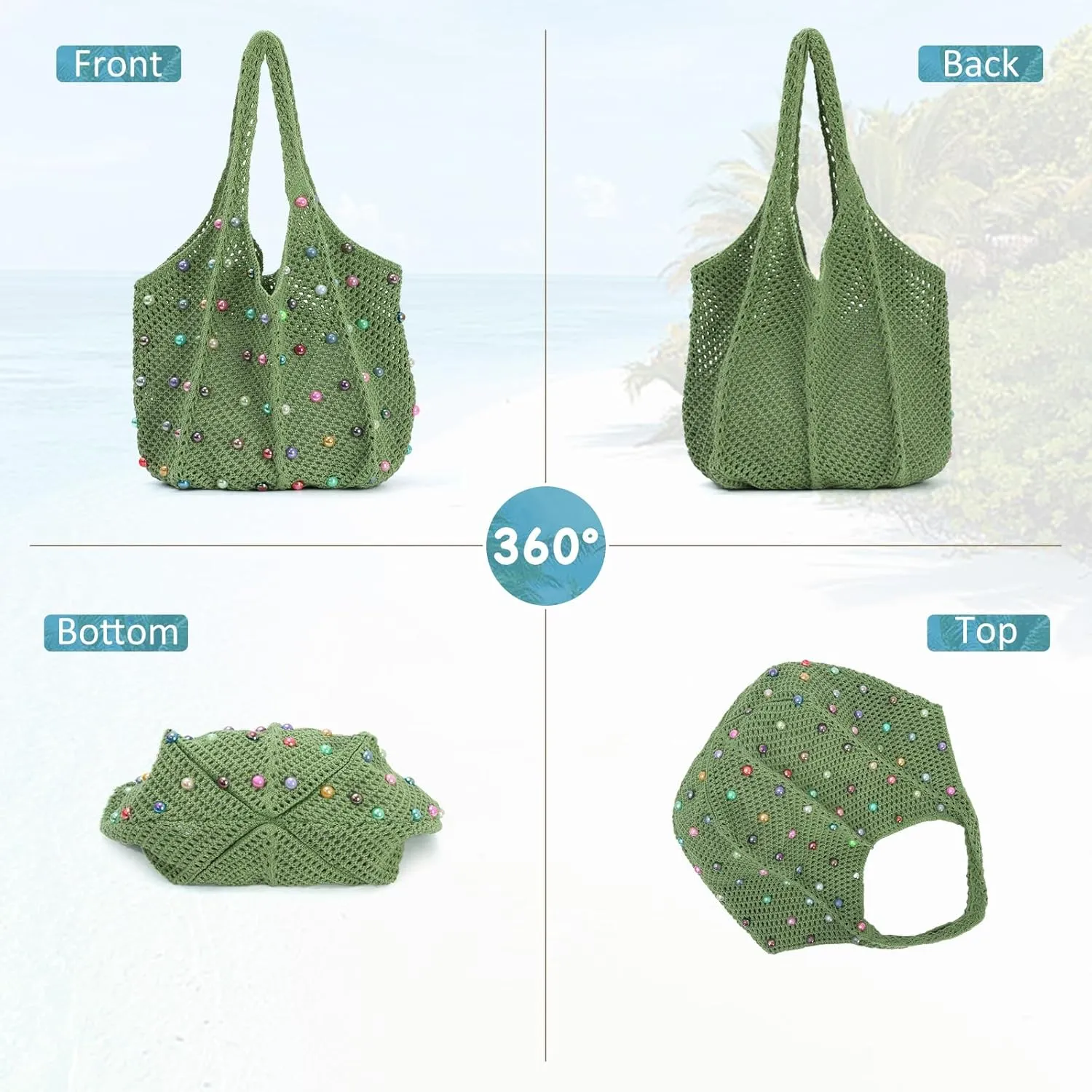 Fecialy Boho Crochet Beach Tote Bag with Colored Beads Summer Knit Shoulder Bag Woven Casual Organizer Handbag