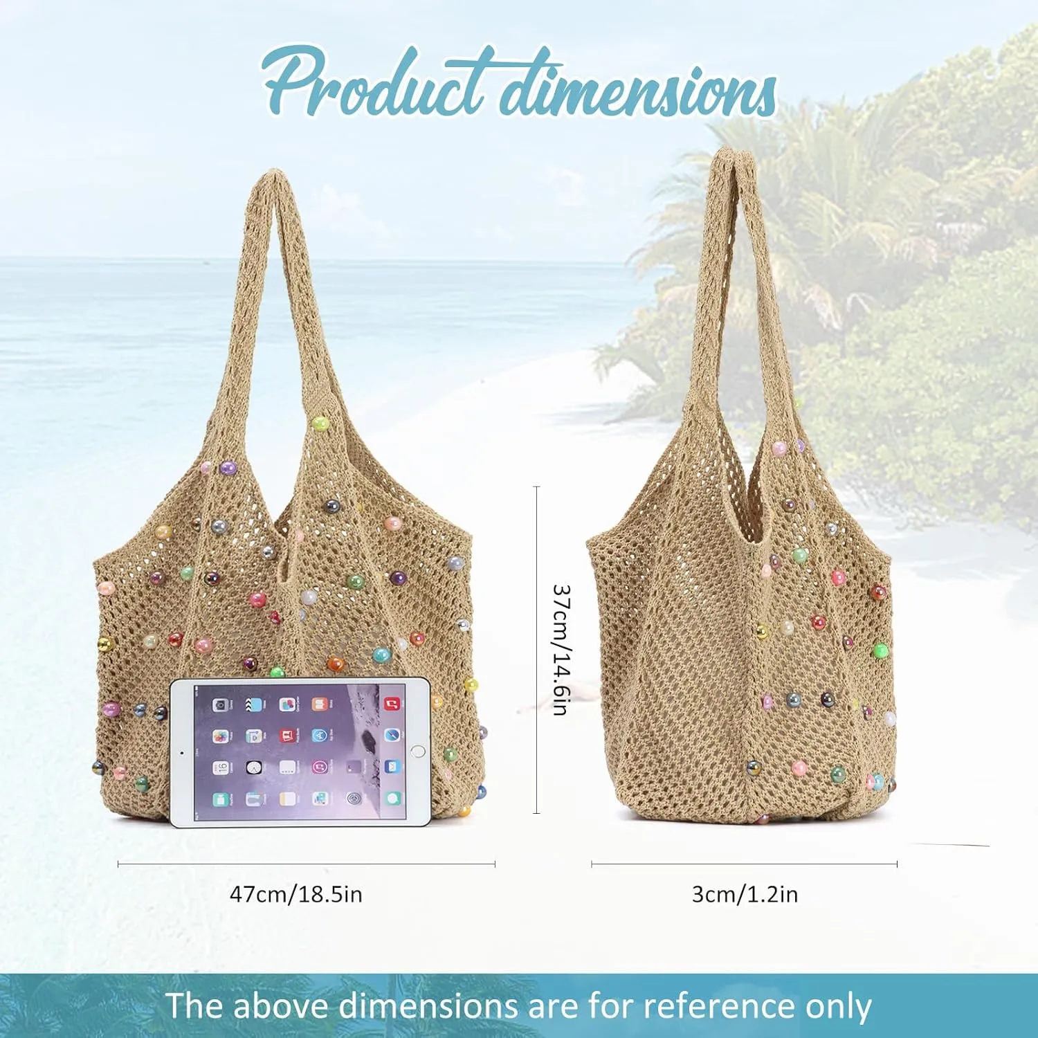 Fecialy Boho Crochet Beach Tote Bag with Colored Beads Summer Knit Shoulder Bag Woven Casual Organizer Handbag