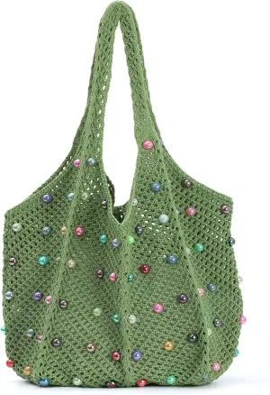 Fecialy Boho Crochet Beach Tote Bag with Colored Beads Summer Knit Shoulder Bag Woven Casual Organizer Handbag