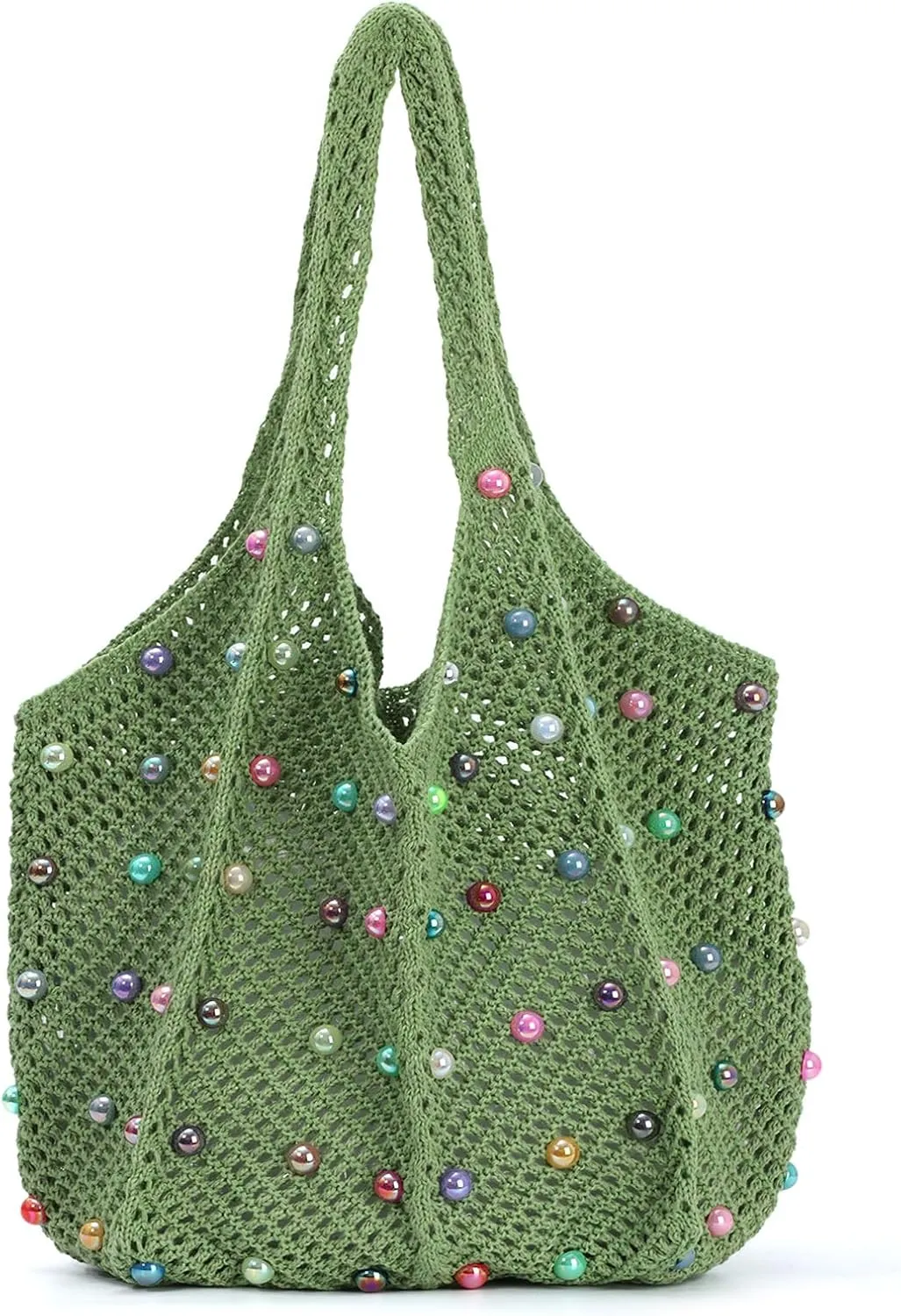 Fecialy Boho Crochet Beach Tote Bag with Colored Beads Summer Knit Shoulder Bag Woven Casual Organizer Handbag