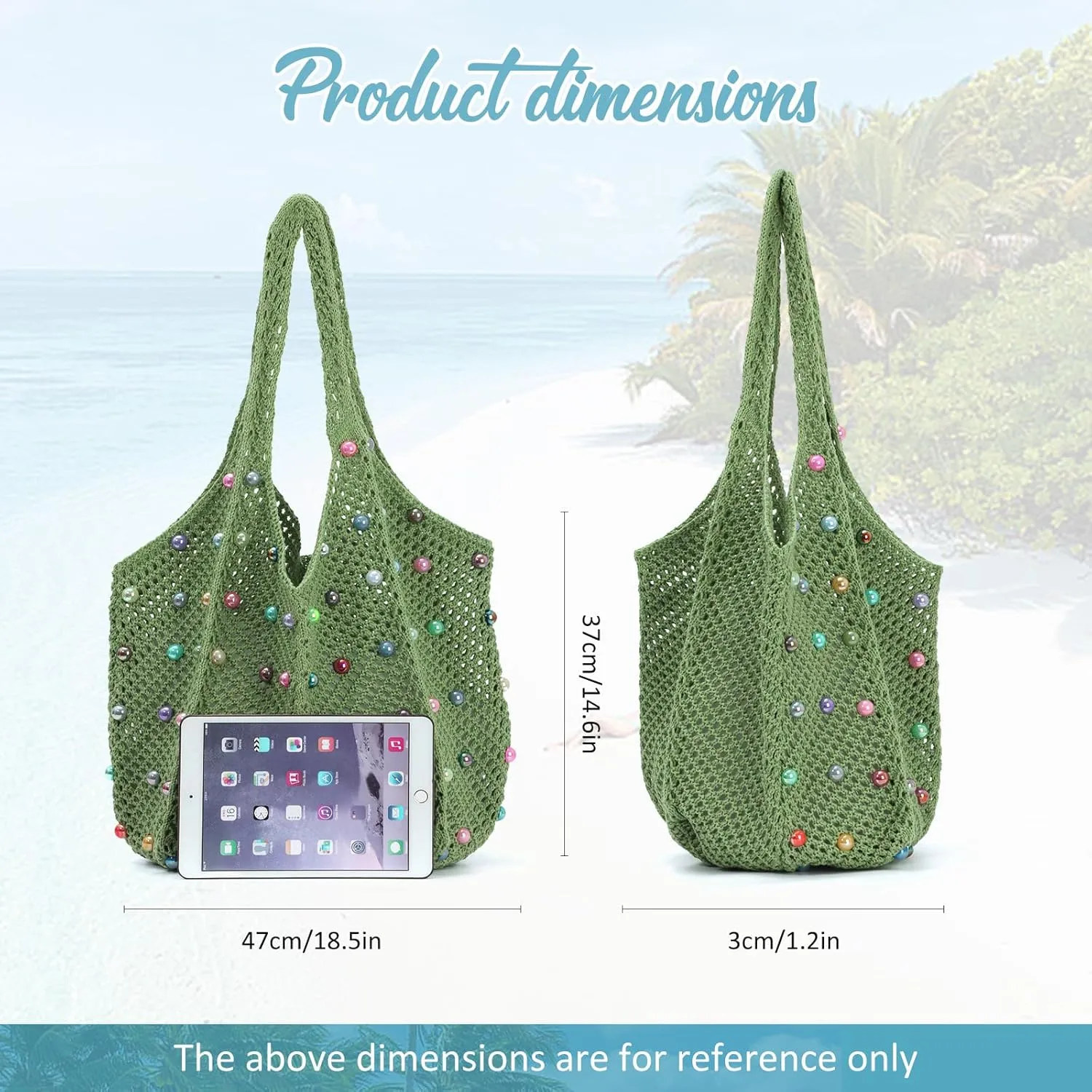 Fecialy Boho Crochet Beach Tote Bag with Colored Beads Summer Knit Shoulder Bag Woven Casual Organizer Handbag