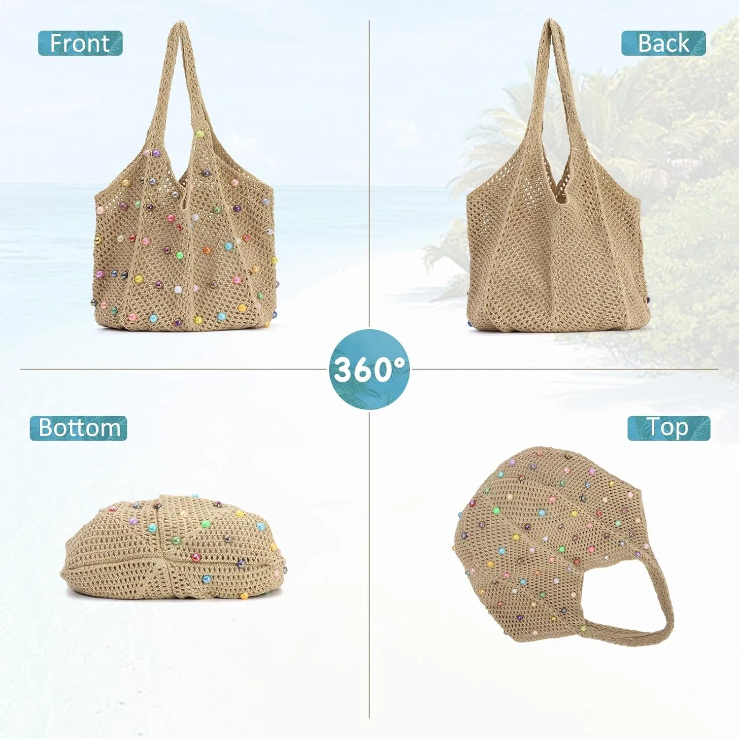 Fecialy Boho Crochet Beach Tote Bag with Colored Beads Summer Knit Shoulder Bag Woven Casual Organizer Handbag