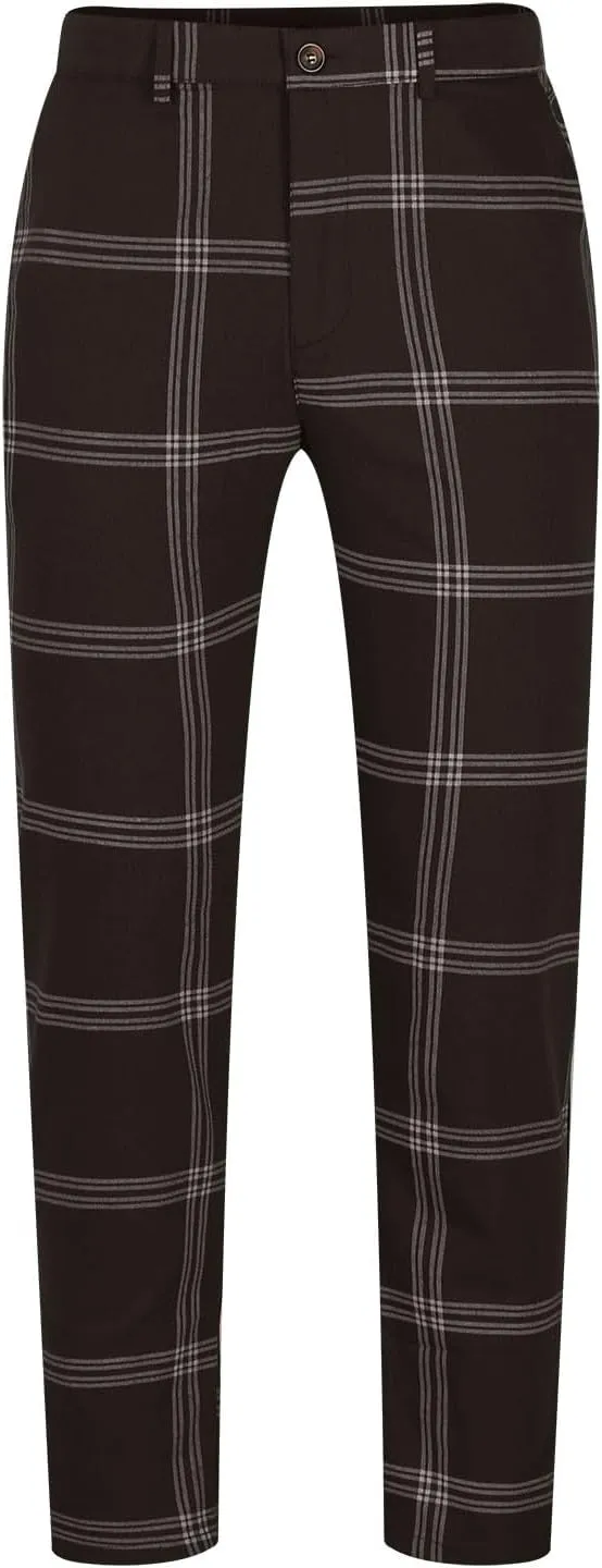 Finelylove Mens Plaid Pants Fashion Stretch Skinny Dress Pants Slim Fit Flat Front Chino Pants Casual Golf Slacks