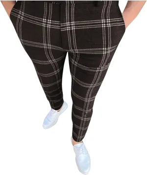 Finelylove Mens Plaid Pants Fashion Stretch Skinny Dress Pants Slim Fit Flat Front Chino Pants Casual Golf Slacks