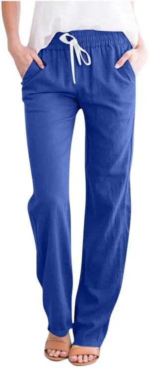 Firzero Womens Pants Summer Casual Cotton Linen Pants 2024 Trendy Solid Drawstring Long Pants Straight Leg Lounge Trousers