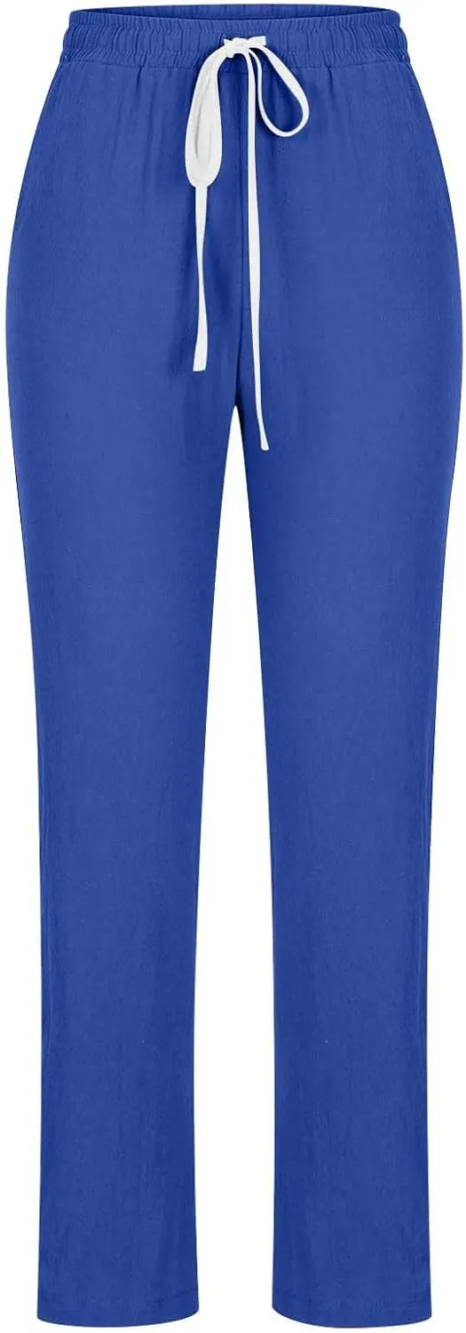 Firzero Womens Pants Summer Casual Cotton Linen Pants 2024 Trendy Solid Drawstring Long Pants Straight Leg Lounge Trousers