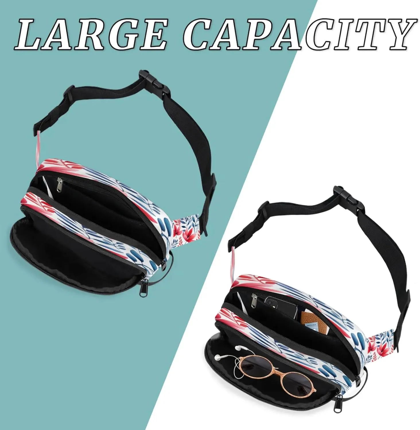 Floral Fusion Waterproof Unisex Square Fanny Pack, Adjustable Waist Bag with Pockets, Sturdy Lightweight Crossbody Bag for Travel, Running, Hiking (9x6.1x2.5 Inches)