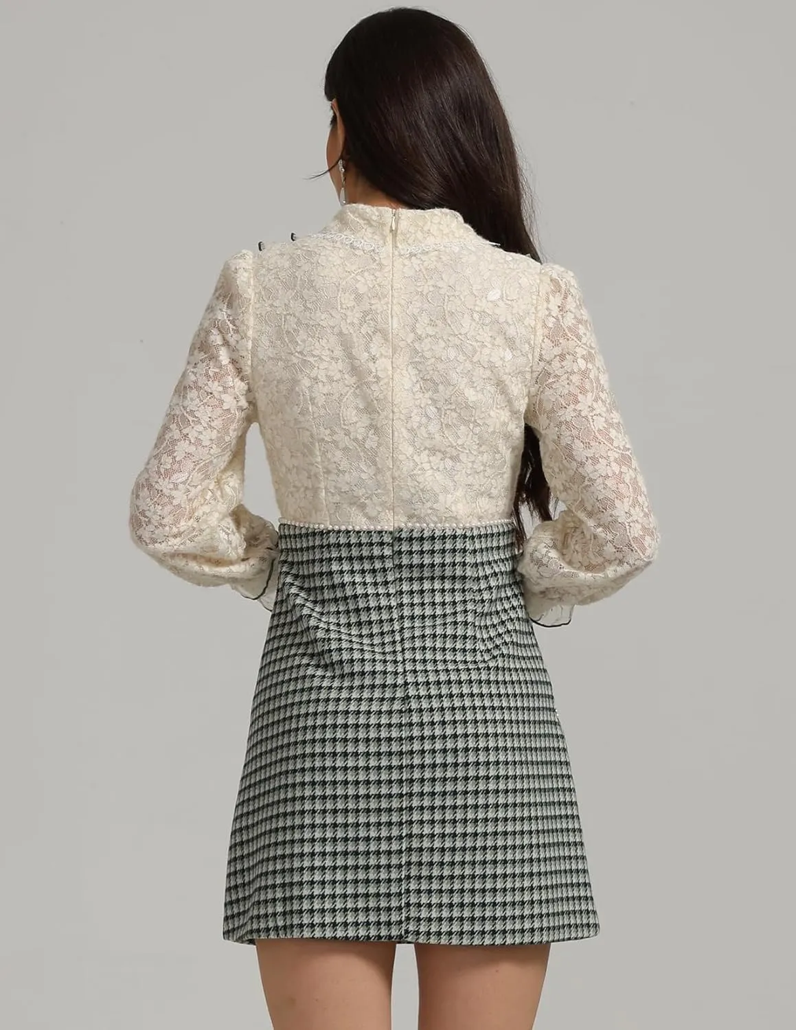 Floral Lace Dress Mini Patchwork Dress Constrast Color Tweed Dress Long Sleeve Exquisite Tea Party Dress