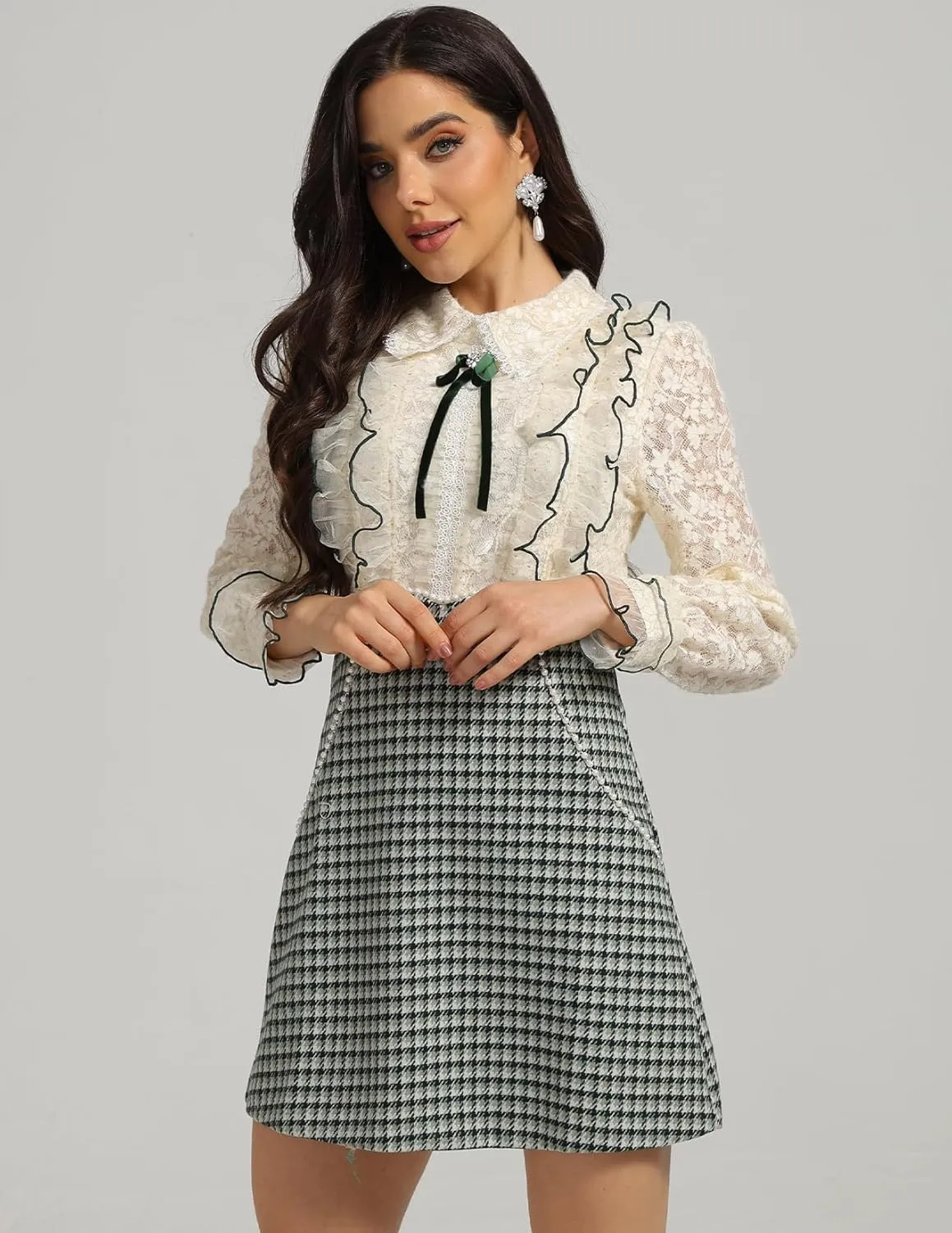 Floral Lace Dress Mini Patchwork Dress Constrast Color Tweed Dress Long Sleeve Exquisite Tea Party Dress