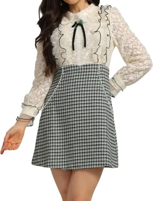 Floral Lace Dress Mini Patchwork Dress Constrast Color Tweed Dress Long Sleeve Exquisite Tea Party Dress
