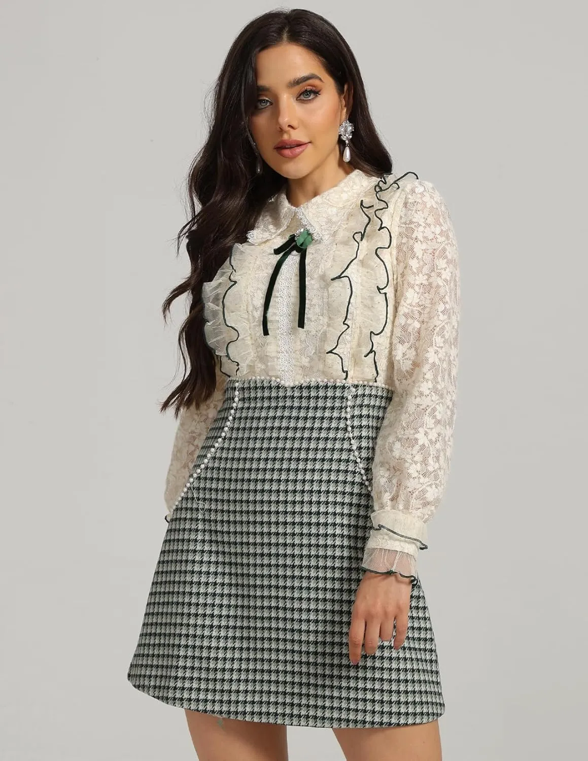 Floral Lace Dress Mini Patchwork Dress Constrast Color Tweed Dress Long Sleeve Exquisite Tea Party Dress