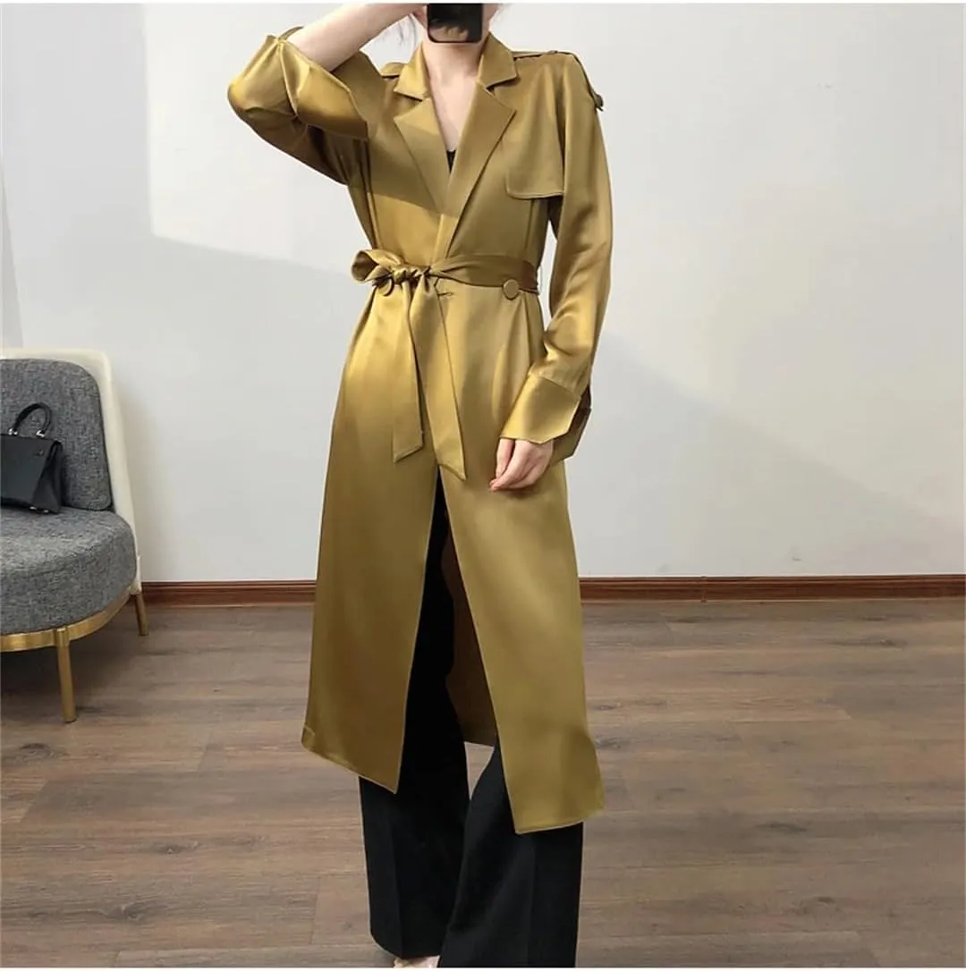 Fnfmrfmr Women Solid Double Breasted Belt Windbreaker Lapel Long Soft Flowy Satin Trench Coat