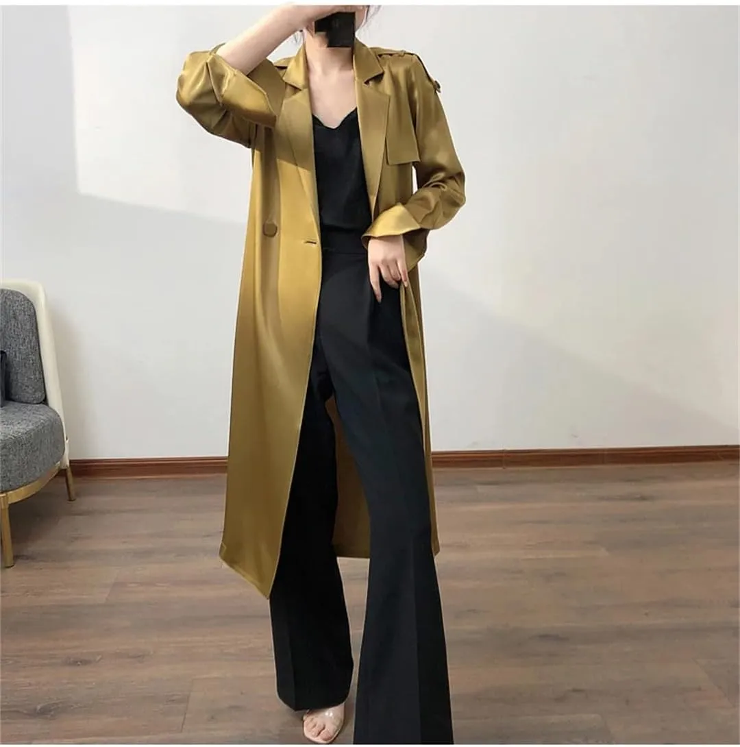 Fnfmrfmr Women Solid Double Breasted Belt Windbreaker Lapel Long Soft Flowy Satin Trench Coat