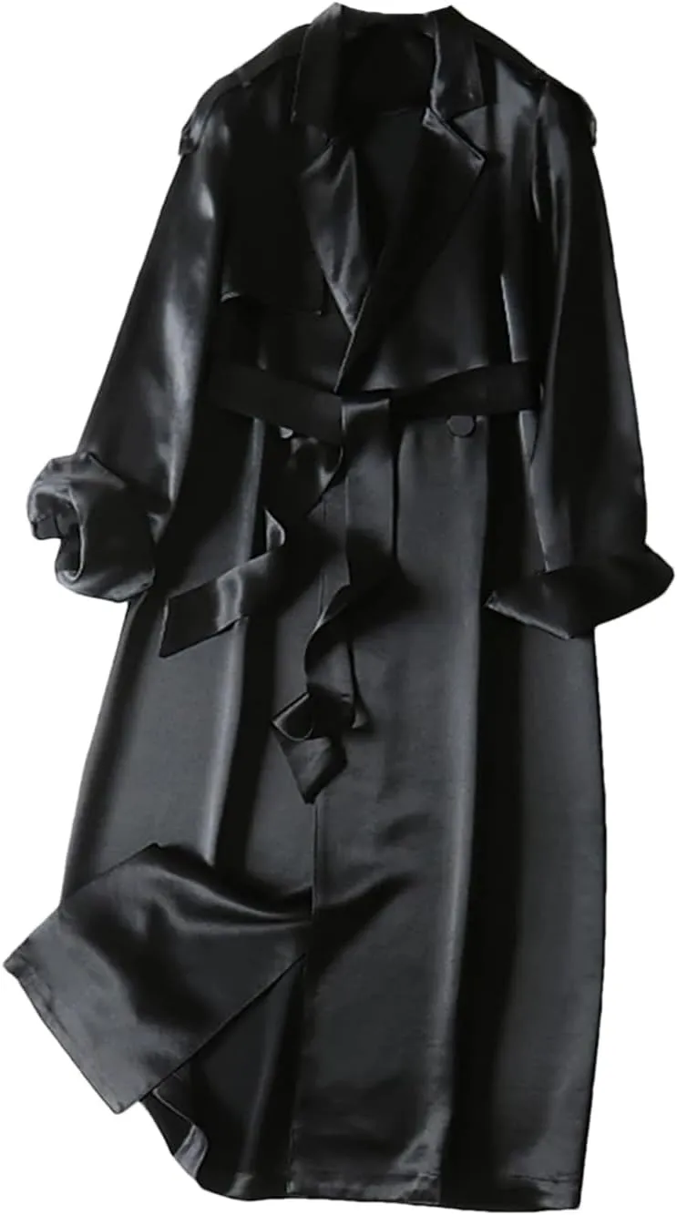 Fnfmrfmr Women Solid Double Breasted Belt Windbreaker Lapel Long Soft Flowy Satin Trench Coat