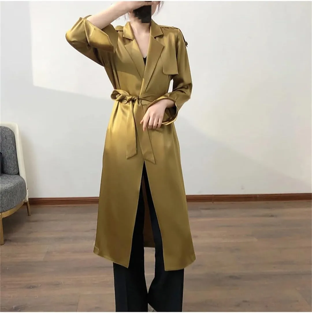 Fnfmrfmr Women Solid Double Breasted Belt Windbreaker Lapel Long Soft Flowy Satin Trench Coat