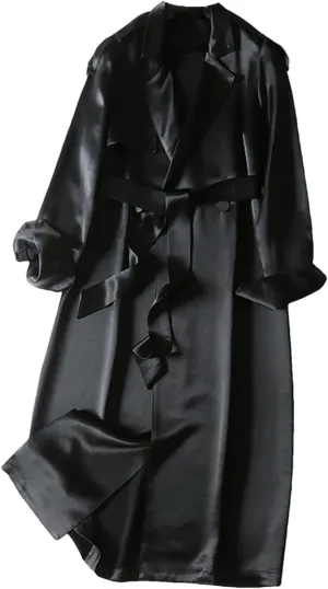 Fnfmrfmr Women Solid Double Breasted Belt Windbreaker Lapel Long Soft Flowy Satin Trench Coat
