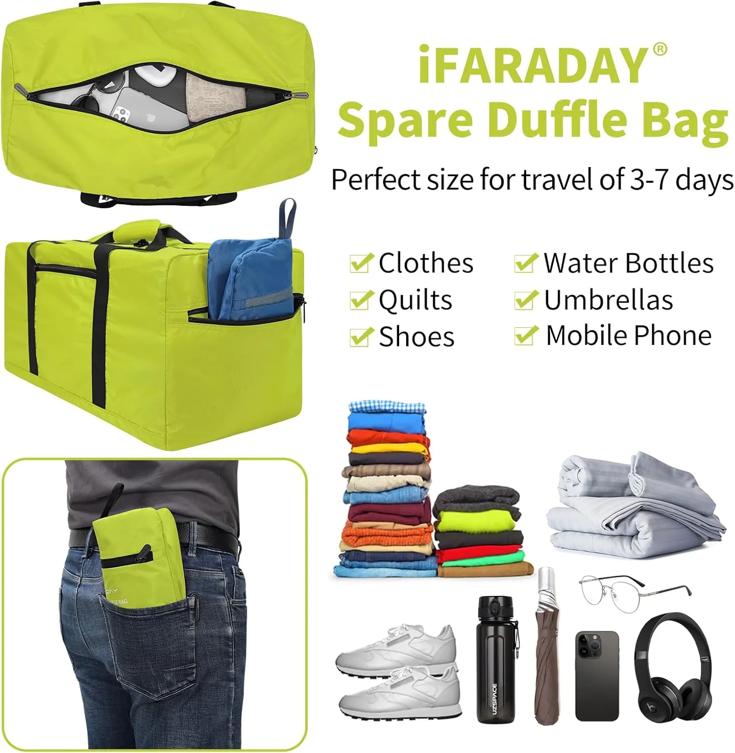 Foldable Duffel Bag 35L Small Luggage Bag Lightweight for Travel Gym Sport-Light Green