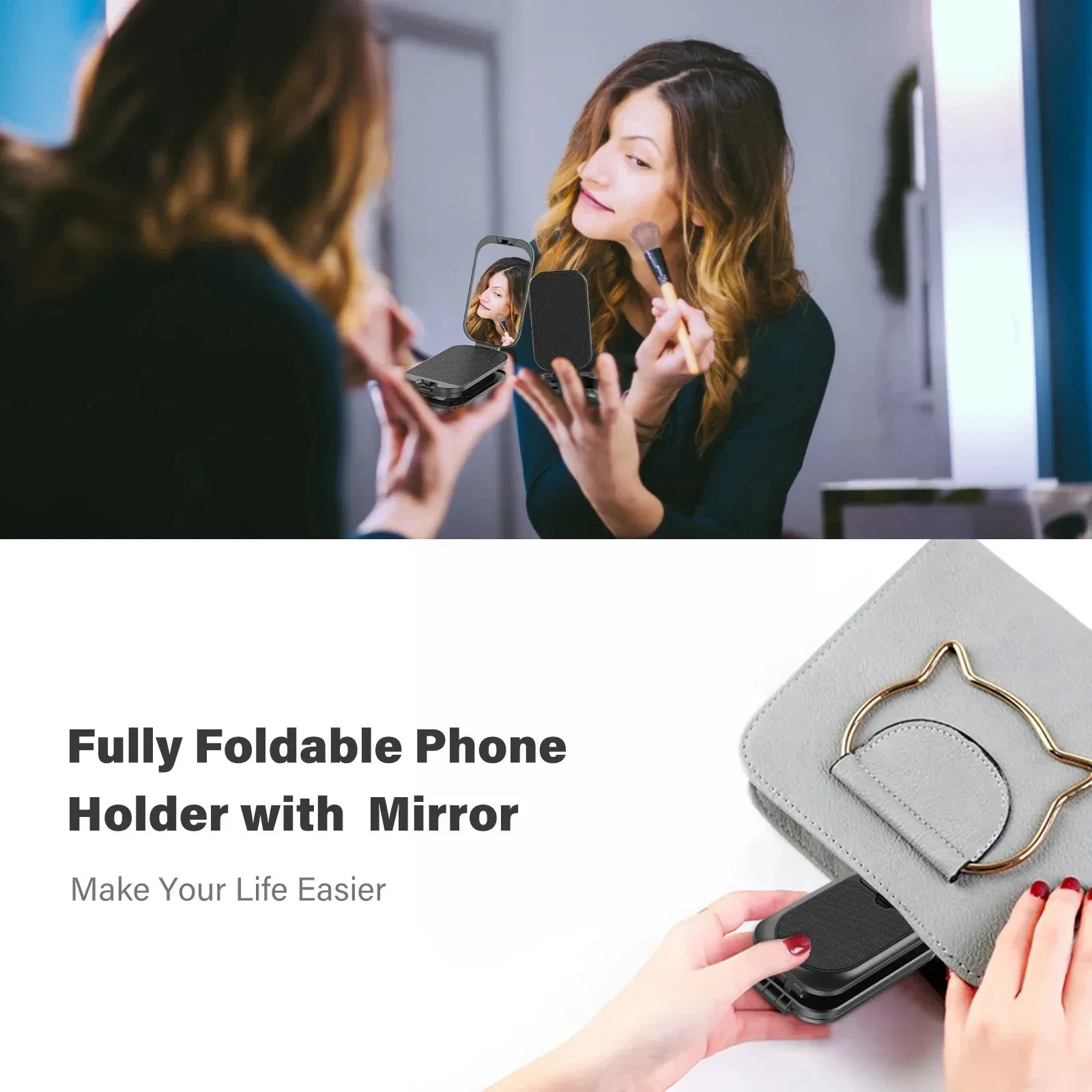Foldable Phone Stand Makeup Mirror Adjustable Angle