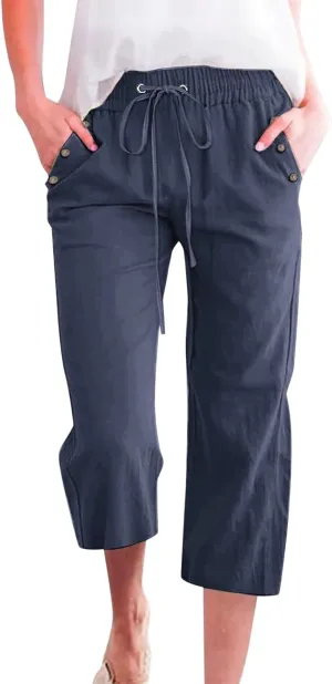FZVYD Capri Pants for Women Casual 2025 Summer Drawstring Elastic High Waist Linen Pant Straight Wide Leg Cropped Trousers