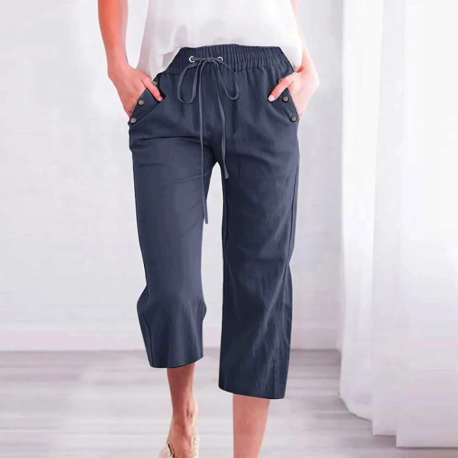 FZVYD Capri Pants for Women Casual 2025 Summer Drawstring Elastic High Waist Linen Pant Straight Wide Leg Cropped Trousers