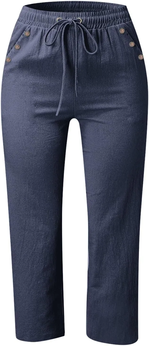 FZVYD Capri Pants for Women Casual 2025 Summer Drawstring Elastic High Waist Linen Pant Straight Wide Leg Cropped Trousers