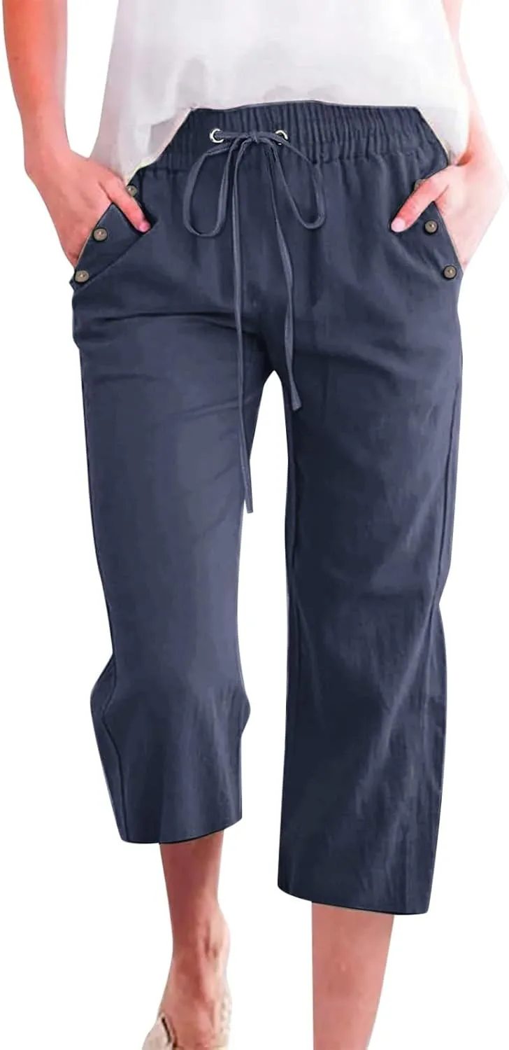 FZVYD Capri Pants for Women Casual 2025 Summer Drawstring Elastic High Waist Linen Pant Straight Wide Leg Cropped Trousers