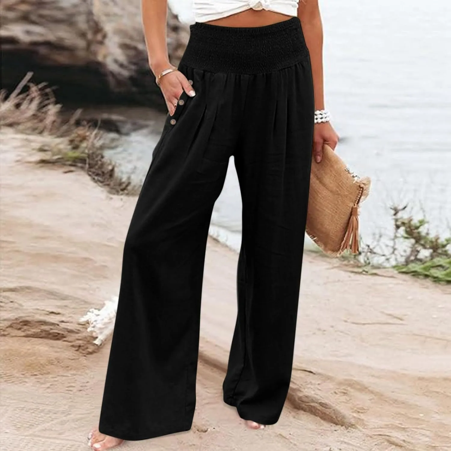 FZVYD Tummy Control Women High Waist Lounge Pants Casual Wide Leg Boho Trouser 2025 Summer Drawstring Sweatpants with Pocket