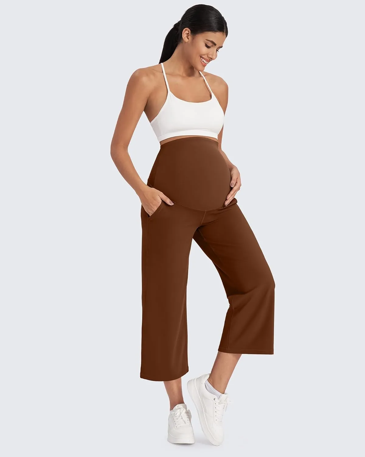 G4Free Wide Leg Maternity Yoga Capris Over The Belly Stretch Pregnancy Cropped Pants with Pockets