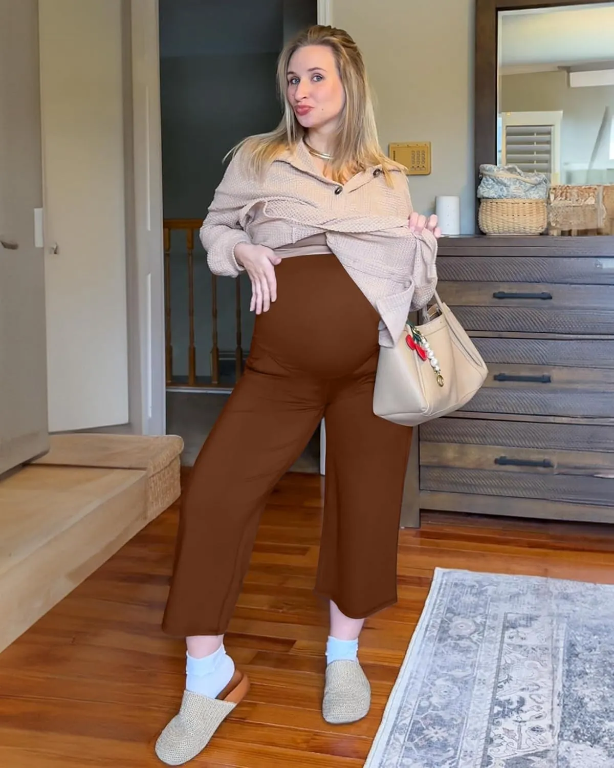 G4Free Wide Leg Maternity Yoga Capris Over The Belly Stretch Pregnancy Cropped Pants with Pockets