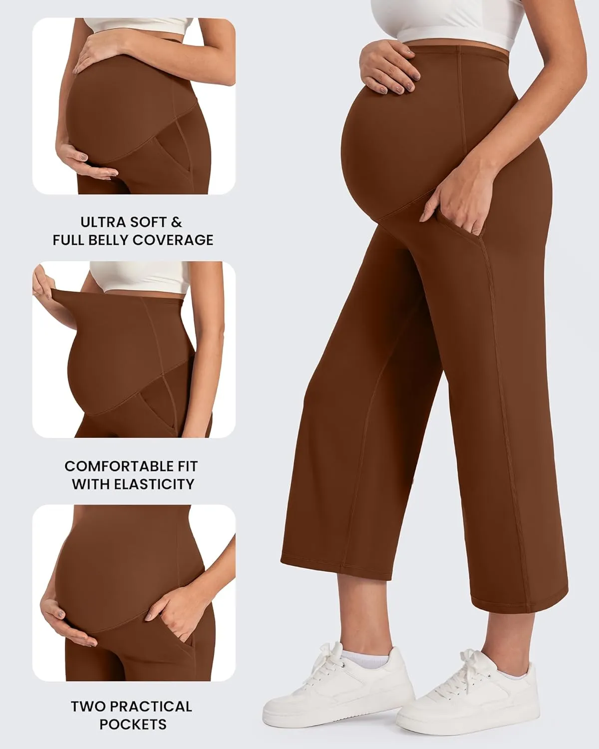 G4Free Wide Leg Maternity Yoga Capris Over The Belly Stretch Pregnancy Cropped Pants with Pockets