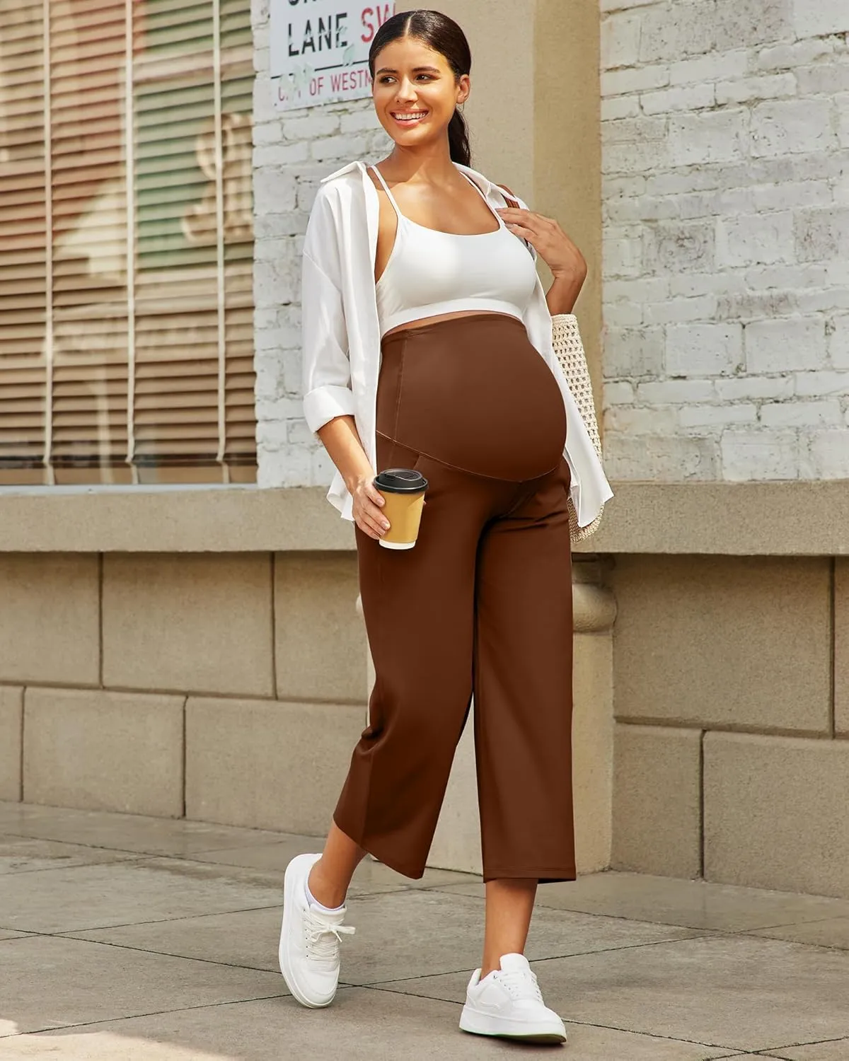 G4Free Wide Leg Maternity Yoga Capris Over The Belly Stretch Pregnancy Cropped Pants with Pockets