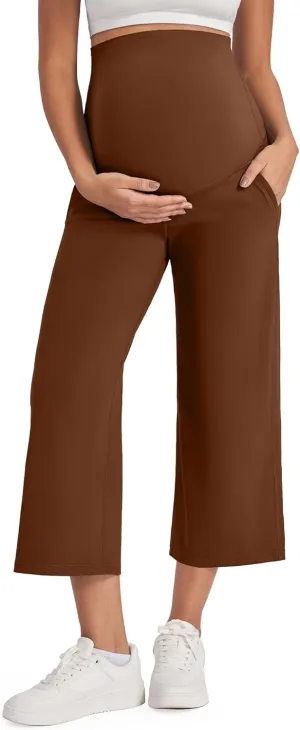 G4Free Wide Leg Maternity Yoga Capris Over The Belly Stretch Pregnancy Cropped Pants with Pockets