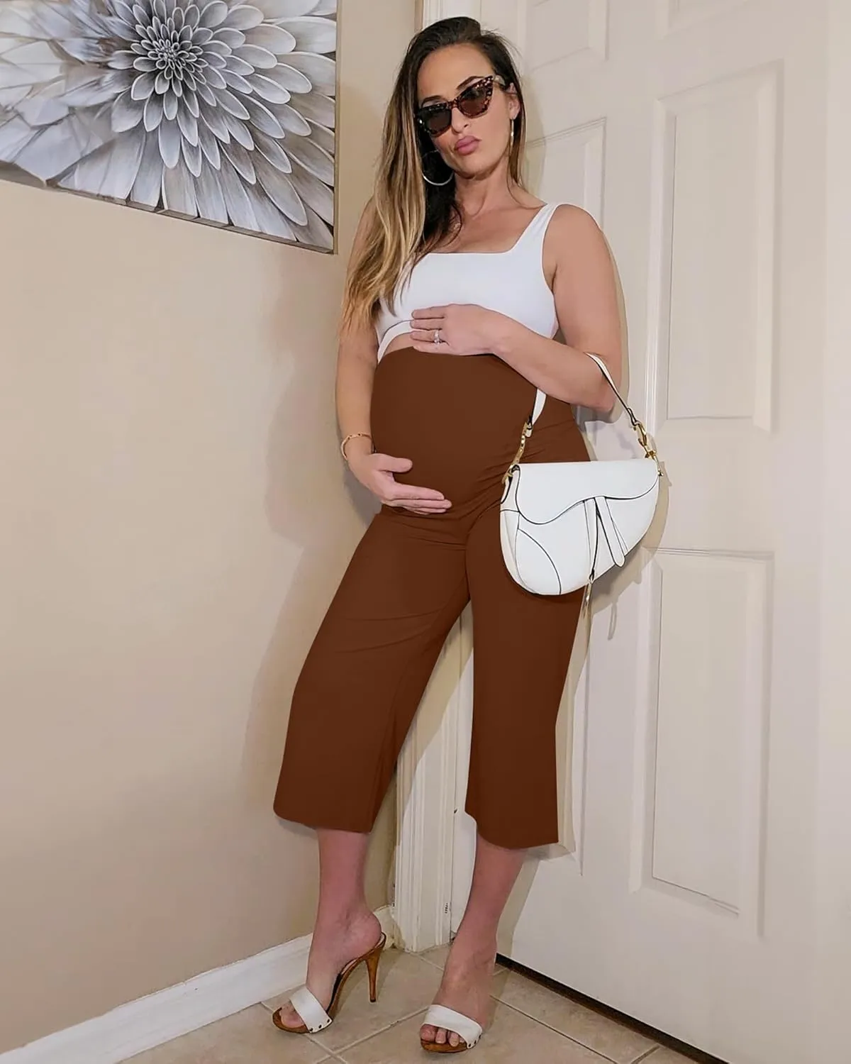 G4Free Wide Leg Maternity Yoga Capris Over The Belly Stretch Pregnancy Cropped Pants with Pockets