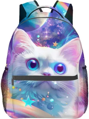 Galaxy Cat Backpack for Women Girl, 16.2 * 5.9 in Laptop Bag, Waterproof Polyester Travel Work School Gym Space Planet Backpacks, Teacher Nurse Doctor Casual Bookbag Office Business Gift Idea Decor
