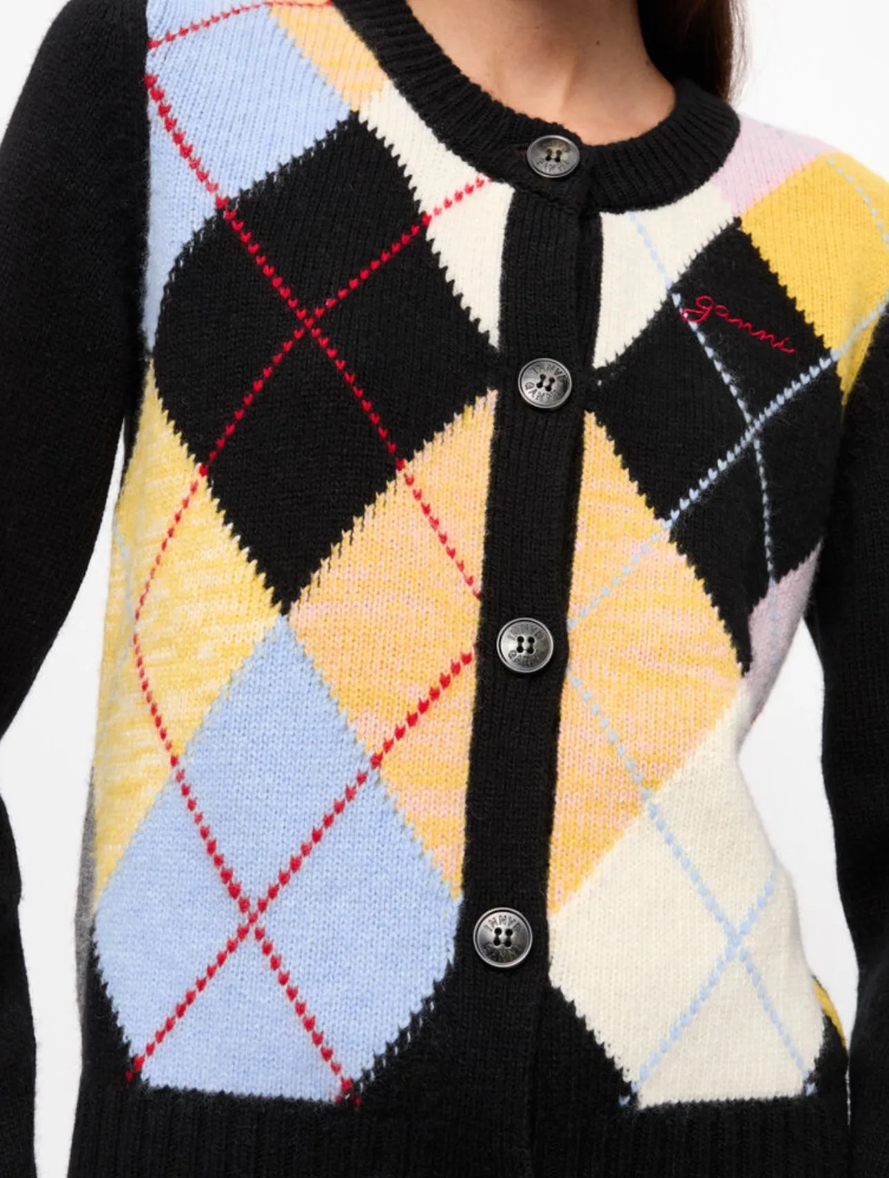 Ganni Harlequin Wool Mix Knit Cardigan