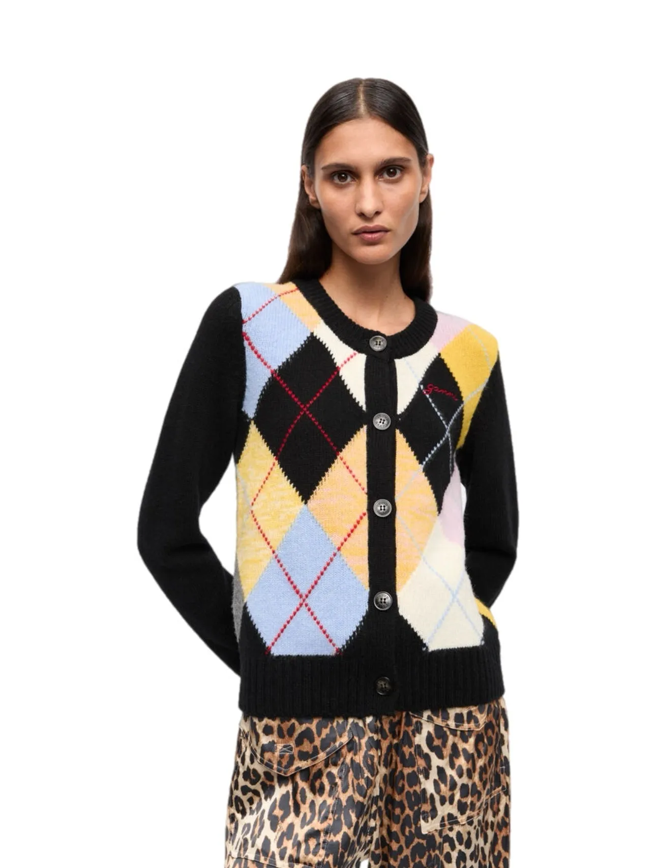 Ganni Harlequin Wool Mix Knit Cardigan