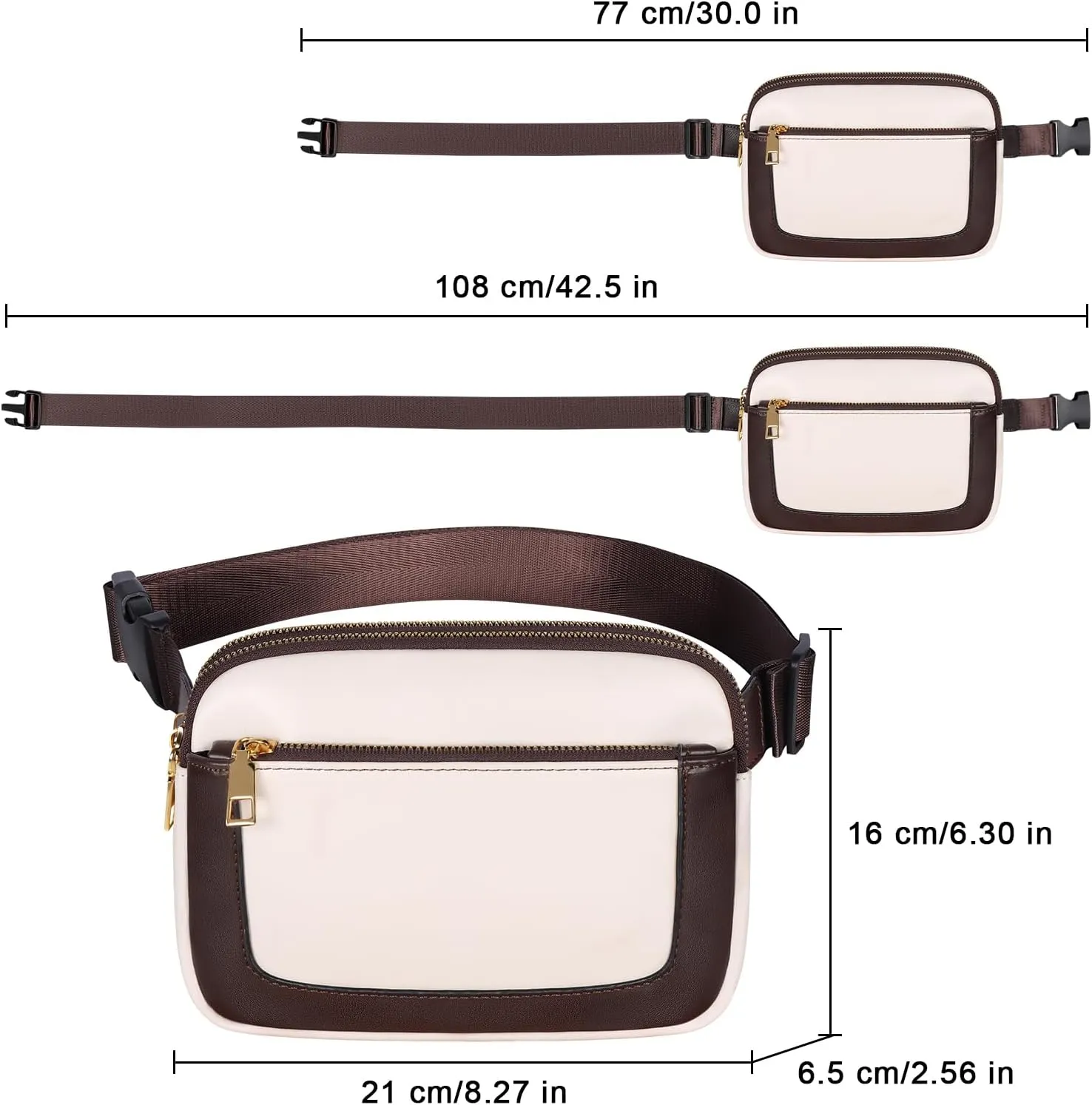 Geestock Fanny Packs for Women, Trendy Vegan Leather Belt Bag, Waterproof Everywhere Crossbody Waist Bag with Adjustable Strap for Outdoors/Travel/Running/Sports, White & Brown
