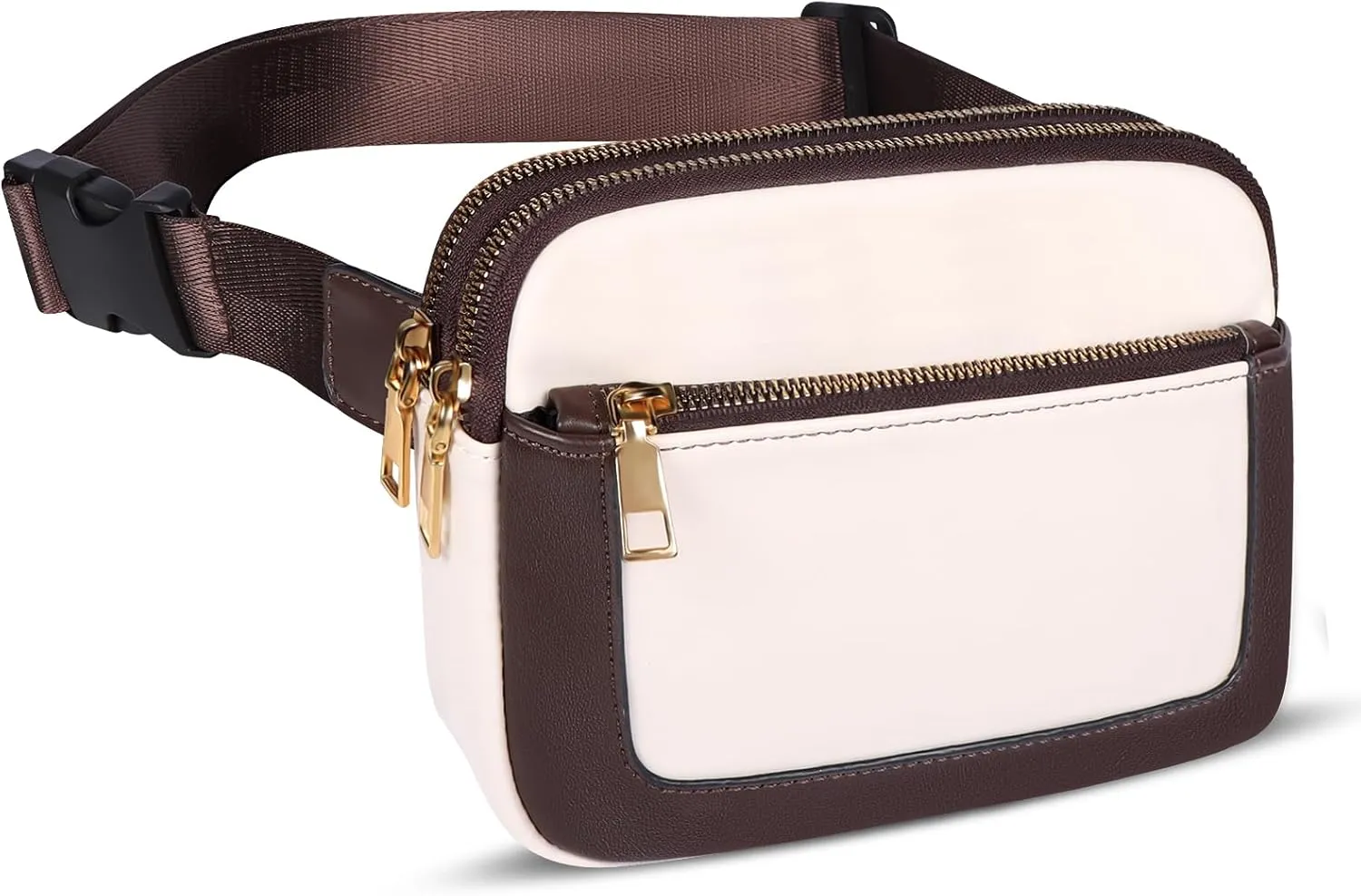 Geestock Fanny Packs for Women, Trendy Vegan Leather Belt Bag, Waterproof Everywhere Crossbody Waist Bag with Adjustable Strap for Outdoors/Travel/Running/Sports, White & Brown
