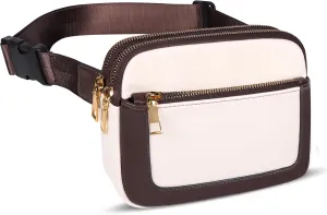 Geestock Fanny Packs for Women, Trendy Vegan Leather Belt Bag, Waterproof Everywhere Crossbody Waist Bag with Adjustable Strap for Outdoors/Travel/Running/Sports, White & Brown