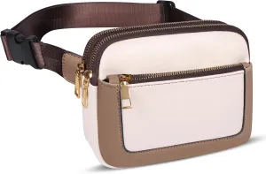Geestock Fanny Packs for Women, Trendy Vegan Leather Belt Bag, Waterproof Everywhere Crossbody Waist Bag, with Adjustable Strap for Outdoors/Travel/Running/Sports, White & Coffee
