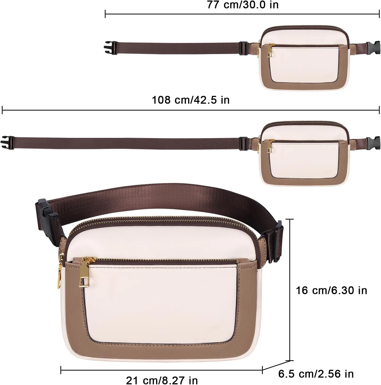 Geestock Fanny Packs for Women, Trendy Vegan Leather Belt Bag, Waterproof Everywhere Crossbody Waist Bag, with Adjustable Strap for Outdoors/Travel/Running/Sports, White & Coffee