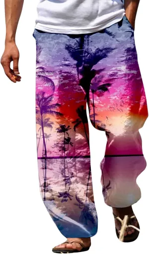 GIERIDUC Mens Casual Linen Pants Loose Fit Elastic Drawstring Waist Straight Leg Hippie Trousers Summer Yoga Beach Long Pants