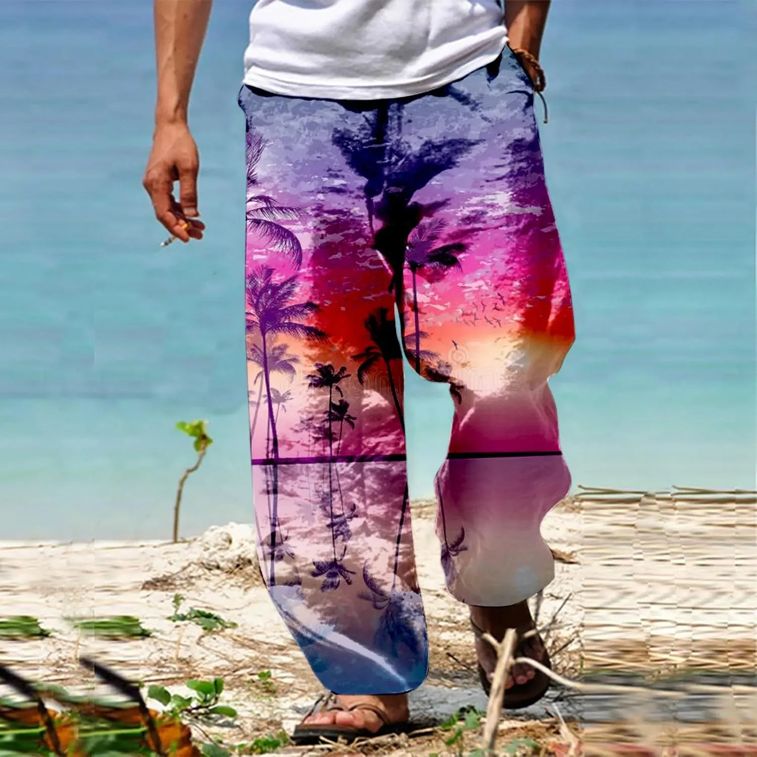 GIERIDUC Mens Casual Linen Pants Loose Fit Elastic Drawstring Waist Straight Leg Hippie Trousers Summer Yoga Beach Long Pants