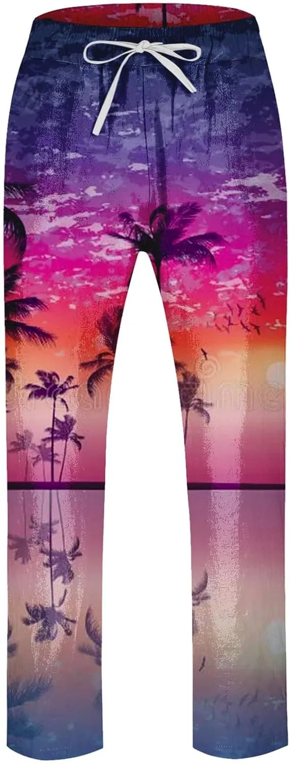 GIERIDUC Mens Casual Linen Pants Loose Fit Elastic Drawstring Waist Straight Leg Hippie Trousers Summer Yoga Beach Long Pants