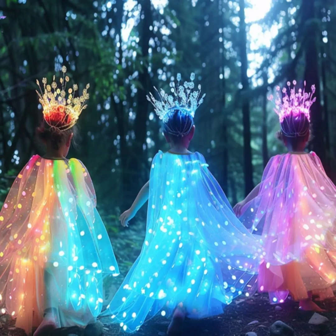 Girls LED Light Up Princess Cape With Glow Necklace Crown and Glow Scepter
