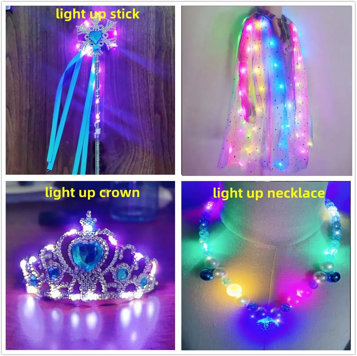 Girls LED Light Up Princess Cape With Glow Necklace Crown and Glow Scepter