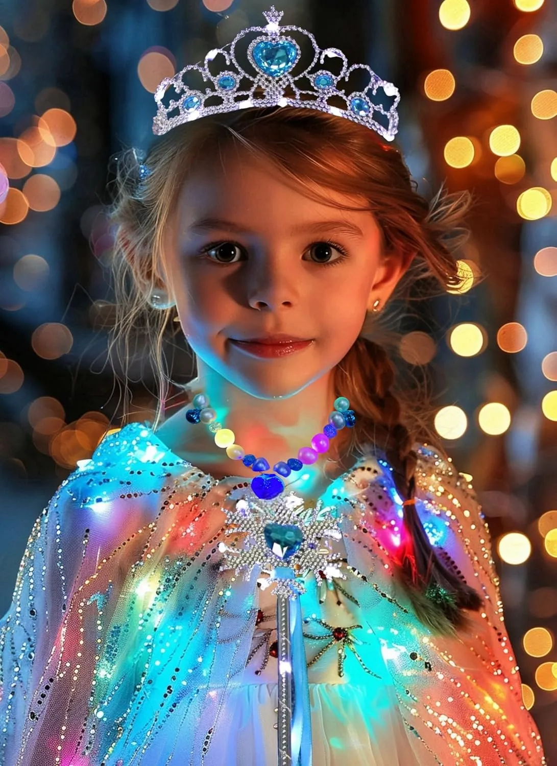 Girls LED Light Up Princess Cape With Glow Necklace Crown and Glow Scepter