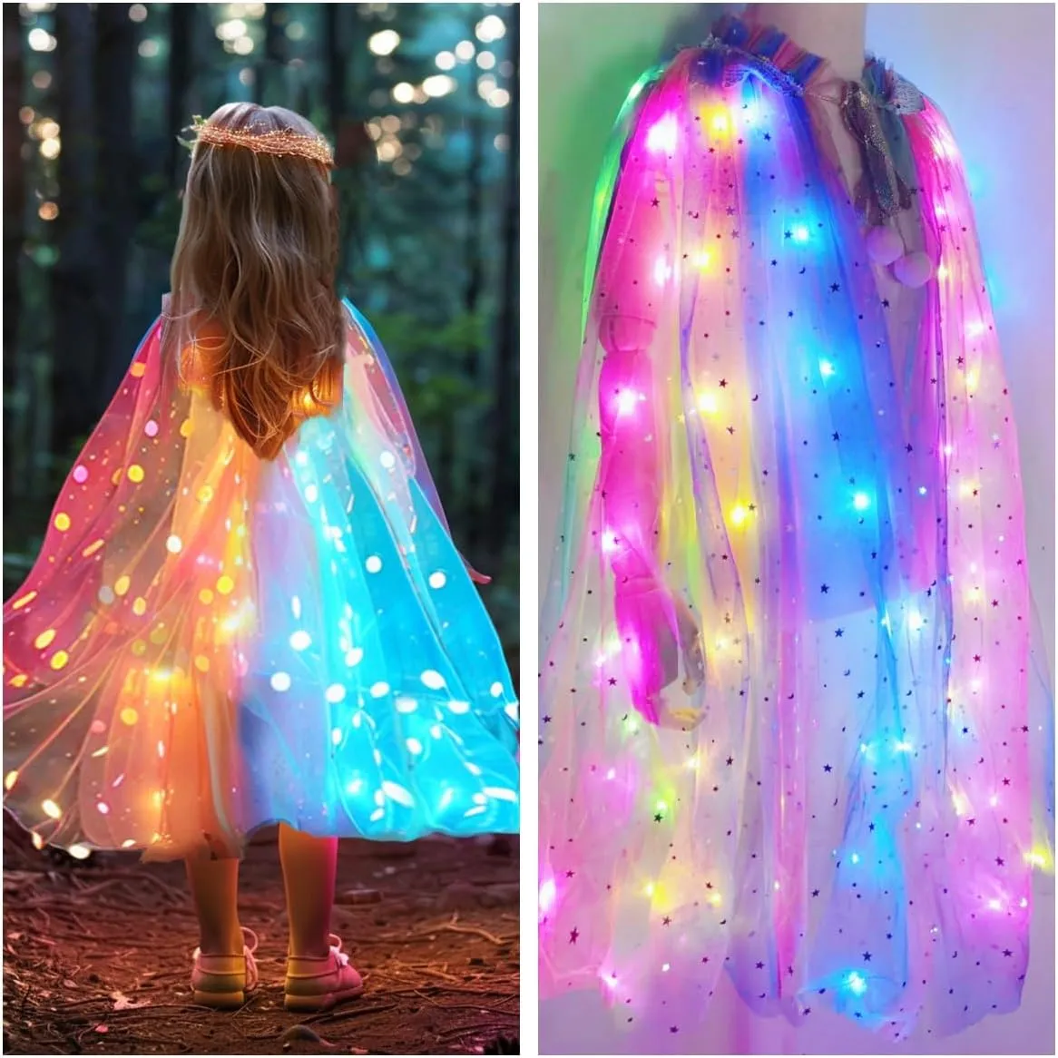 Girls LED Light Up Princess Cape With Glow Necklace Crown and Glow Scepter