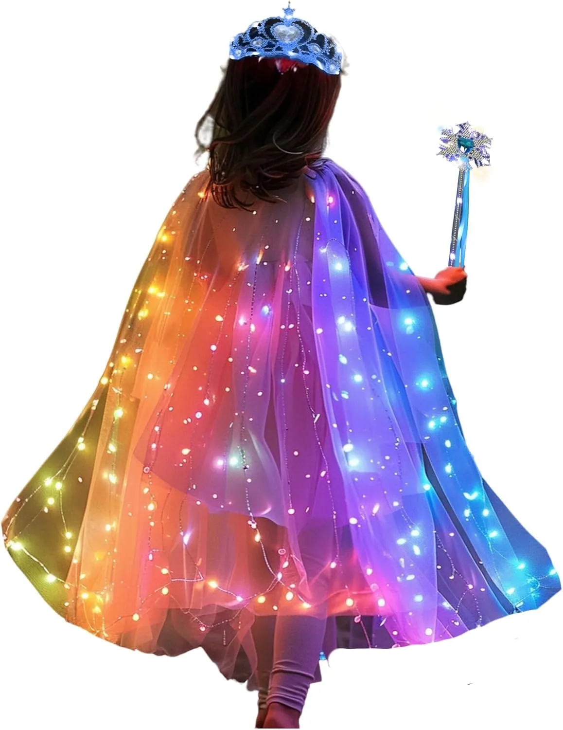 Girls LED Light Up Princess Cape With Glow Necklace Crown and Glow Scepter